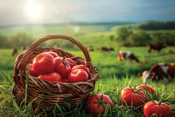 A basket of ripe tomatoes sitting in a grassy field under the sky
