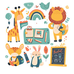 Fototapeta premium A set of school supplies and cartoon animals including a rabbit, bear, and dog sitting at a desk