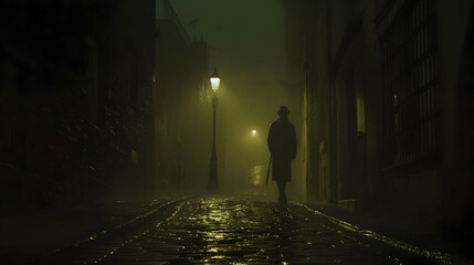 A lone figure standing under a streetlight in a foggy alley, shadows stretching into the darkness, highlighting the wet cobblestone pavement and the eerie ambiance