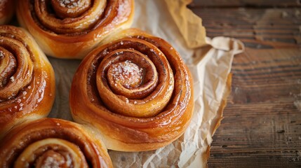 Fototapeta premium Cinnamon buns arranged in a circular pattern on parchment paper, isolated background, highlighting texture, studio lighting