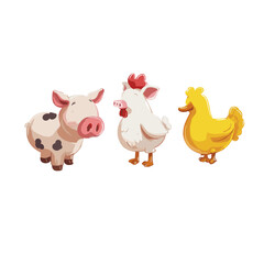 Three farm animals standing together: a pig, a chicken, and a duck