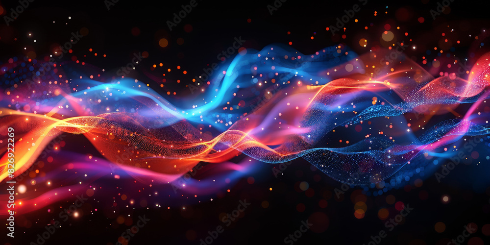 Poster 3d dark purple orange with blue neon lines wave dots representing digital binary data. concept for b