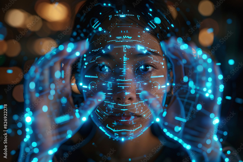 Poster a digital transformation image of a virtual assistant on a holographic display, with space for text.