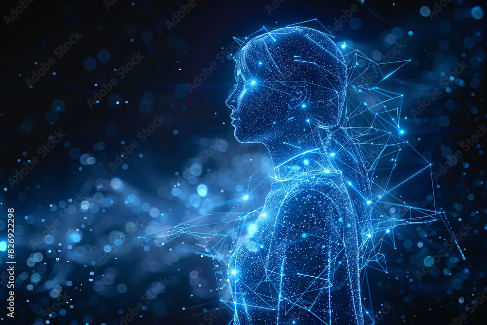 Aufkleber a digital transformation image of a virtual assistant on a holographic display, with space for text.