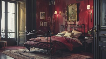 Retro Parisian apartment bedroom with deep red walls, a wrought-iron bed frame, and art deco lighting