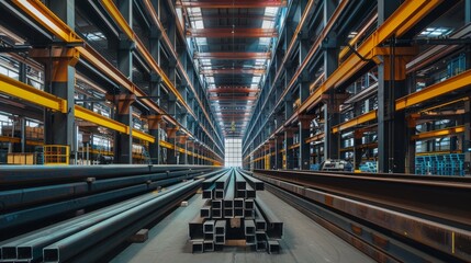 Artistic view of a towering steel bar arrangement in a warehouse, beams forming a harmonious and strong display