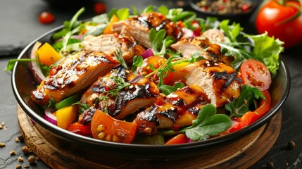 Artistic presentation of vegetable salad with grilled chicken, isolated background, studio lighting, vibrant and appetizing