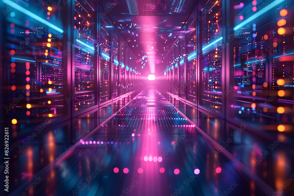 Aufkleber a futuristic data center with servers and holographic data visuals, representing digital transformat