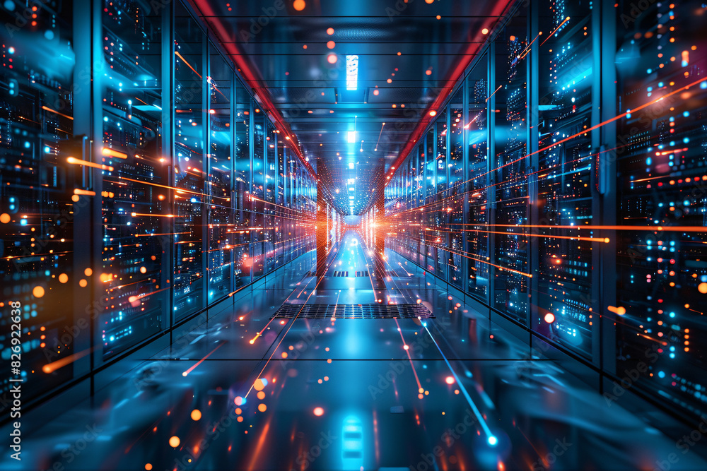 Aufkleber a futuristic data center with servers and holographic data visuals, representing digital transformat