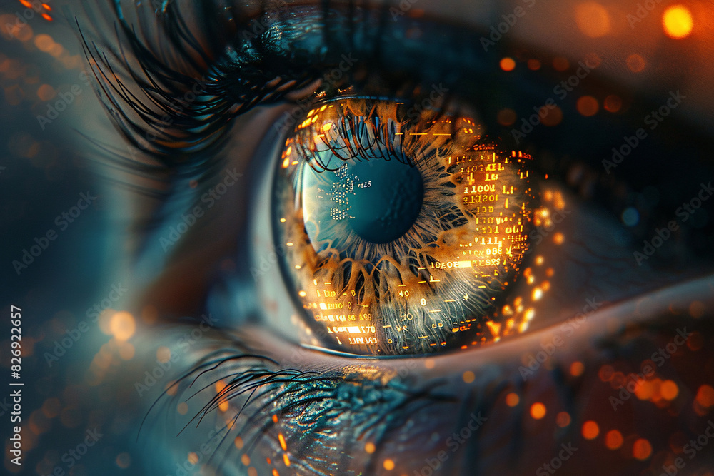 Aufkleber a close-up of an eye with digital data reflections, symbolizing the human interface with advanced te