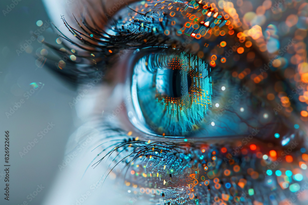 Poster a close-up of an eye with digital data reflections, symbolizing the human interface with advanced te