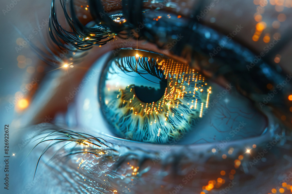 Poster a close-up of an eye with digital data reflections, symbolizing the human interface with advanced te