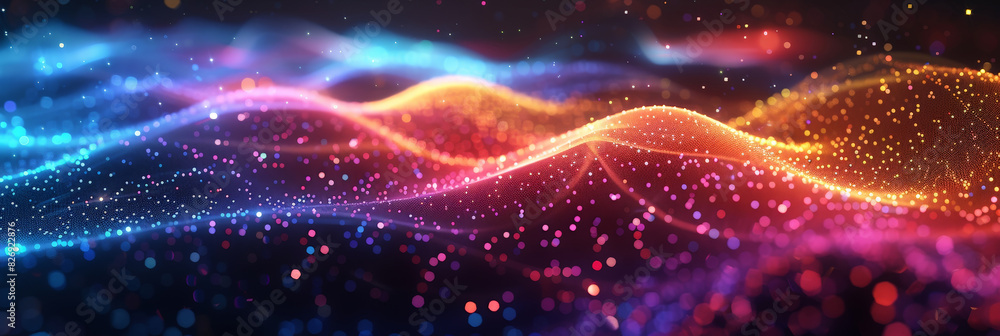 Poster 3d dark purple orange with blue neon lines wave dots representing digital binary data. concept for b