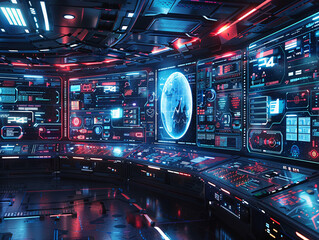 A high-tech workspace with multiple digital screens and holographic interfaces, showcasing the next generation technology era, with space for text.