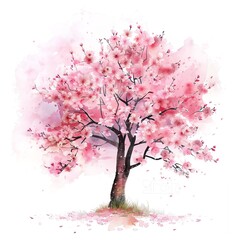 A tall cherry blossom tree is in full bloom. Its delicate pink and white flowers areFeng nisoyoideimasu. The tree is set against a soft, hazy background.