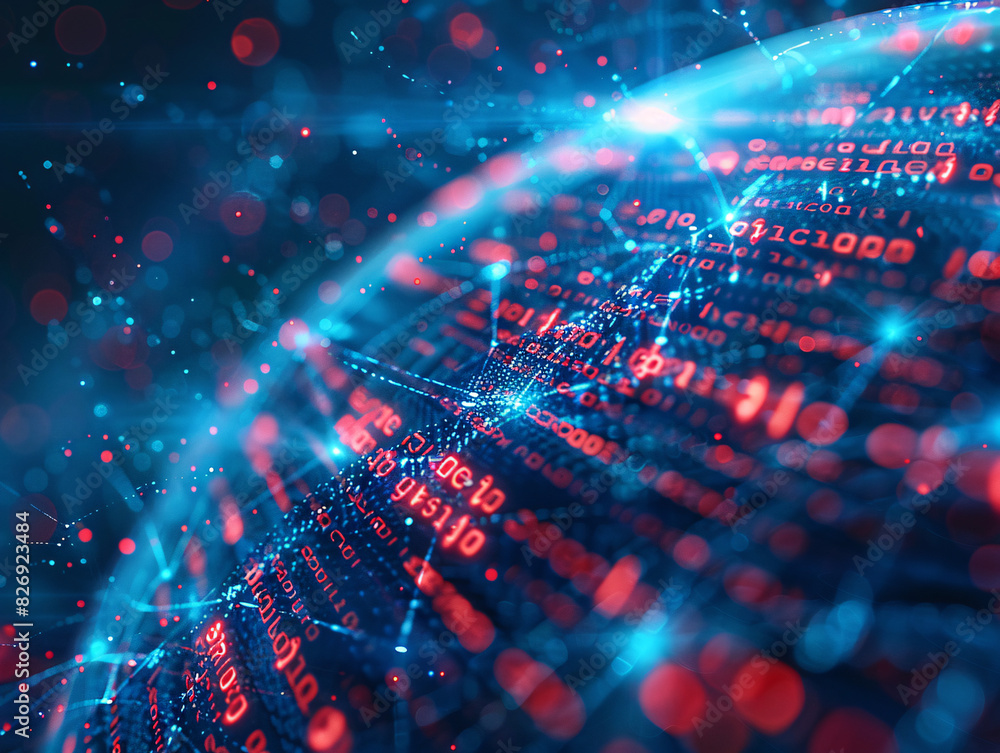Poster a digital transformation image of a networked globe with binary code streams, representing the futur