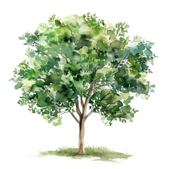 A watercolor painting of a single, lush tree with a full canopy of green leaves. The tree is set against a solid white background.