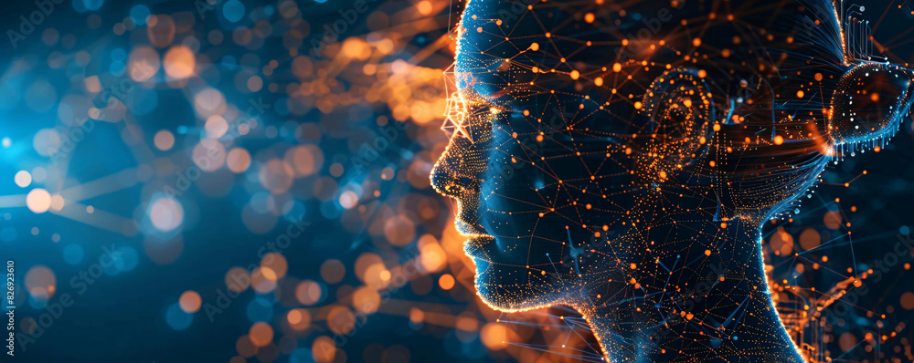 Poster a conceptual image of a human head with digital circuit overlays, representing the integration of te