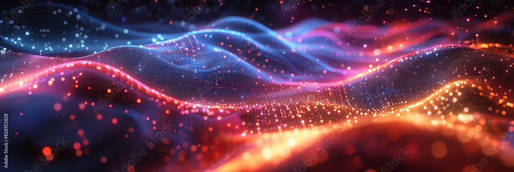 Poster 3d dark purple orange with blue neon lines wave dots representing digital binary data. concept for b