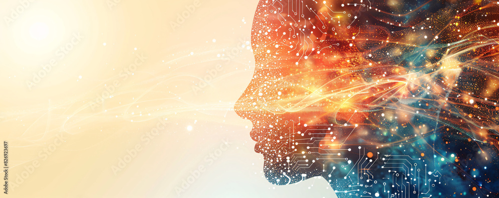 Poster a conceptual image of a human head with digital circuit overlays, representing the integration of te