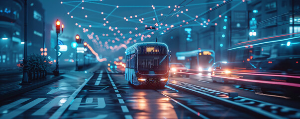 A futuristic transport system with autonomous vehicles and smart infrastructure, representing the next generation technology era, with space for text.