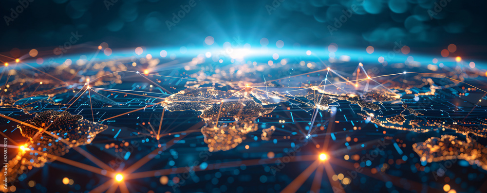 Poster a conceptual image of a digital world map with interconnected smart cities, symbolizing global digit