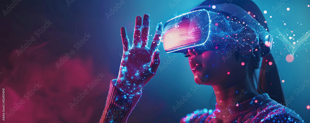 Poster a digital transformation image of a person using a holographic wearable device, with space for text.