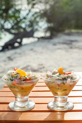 Tropical Beachside Ceviche in Glasses in summertime