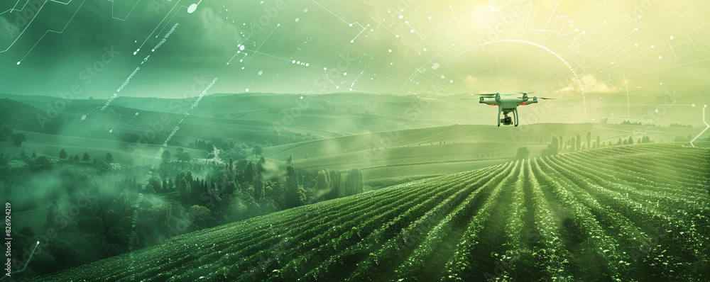 Poster a high-tech agricultural field with automated drones and digital monitoring, illustrating the next g