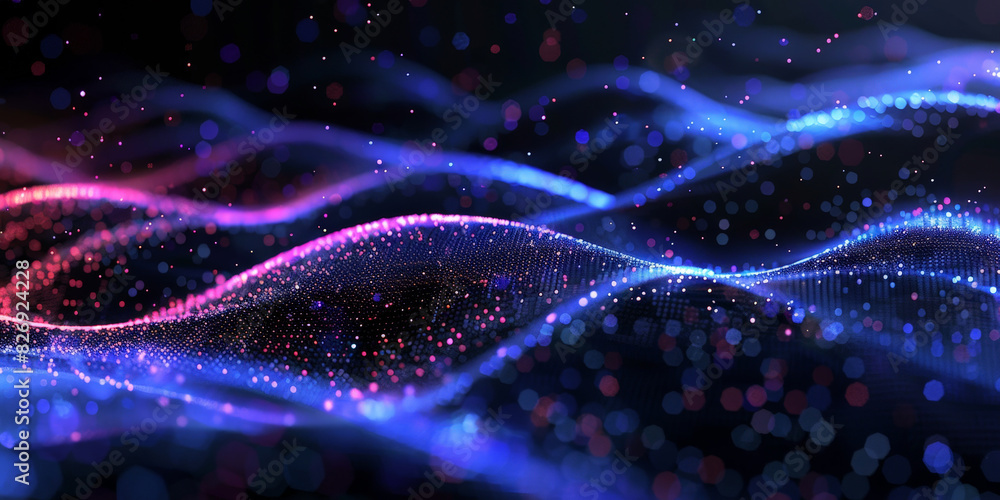 Poster 3d dark purple blue neon lines wave dots representing digital binary data. concept for big data, dee