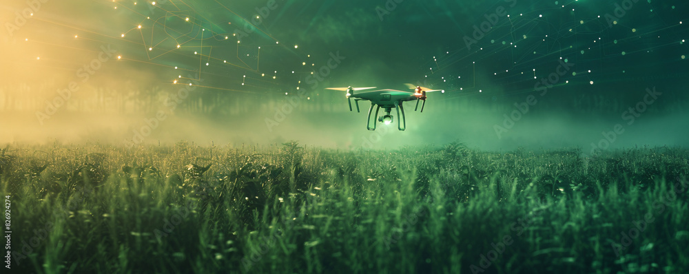 Poster a high-tech agricultural field with automated drones and digital monitoring, illustrating the next g