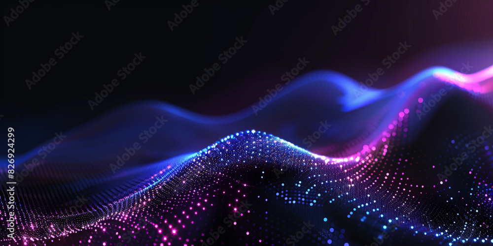 Poster 3d dark purple blue neon lines wave dots representing digital binary data. concept for big data, dee