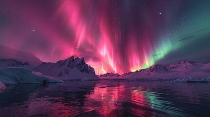 Naklejka premium A breathtaking picture of the Northern Lights illuminating the night sky with vibrant hues of green, pink, and purple, over a serene Arctic landscape.