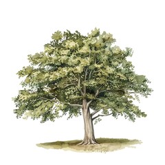 A tall, majestic oak tree stands in a field. Its branches are full of green leaves, and its trunk is thick and strong. The tree is a symbol of strength and resilience.