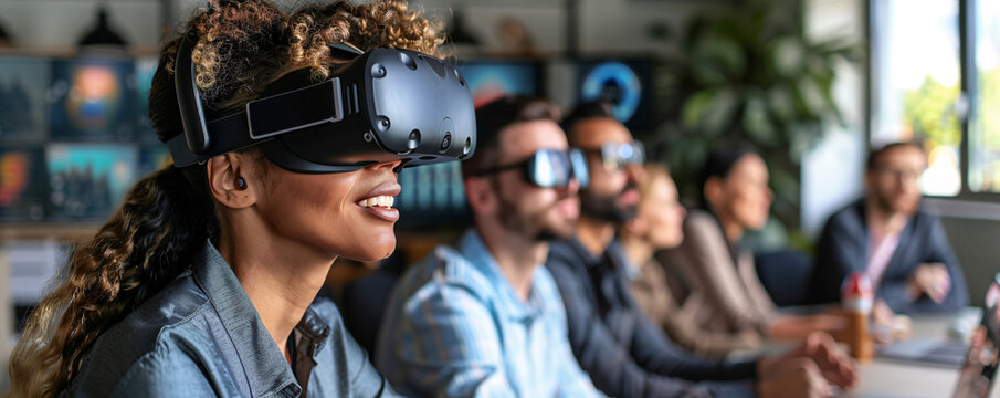 A business team in a virtual reality meeting, showcasing digital transformation in remote collaboration, with space for text.