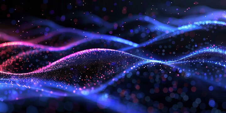 3d dark purple  blue neon lines wave dots representing digital binary data. Concept for big data, deep machine learning, artificial intelligence, business technology ,futuristic. banner	
