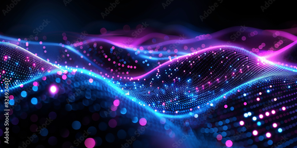 Poster 3d dark purple blue neon lines wave dots representing digital binary data. concept for big data, dee