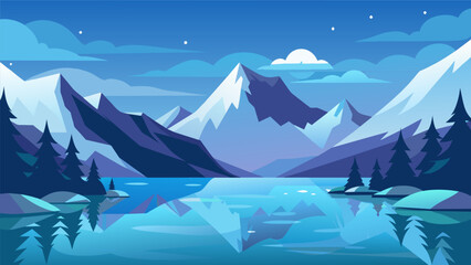 Take a break from reality and transport yourself to row through a serene and tranquil virtual lake surrounded by snowcapped mountains.. Vector illustration