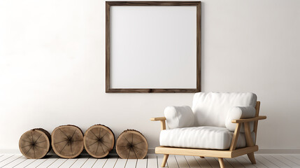 lounge chair and wood stump side table with empty blank mock up frame home interior. Generative AI
