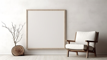 lounge chair and wood stump side table with empty blank mock up frame home interior. Generative AI