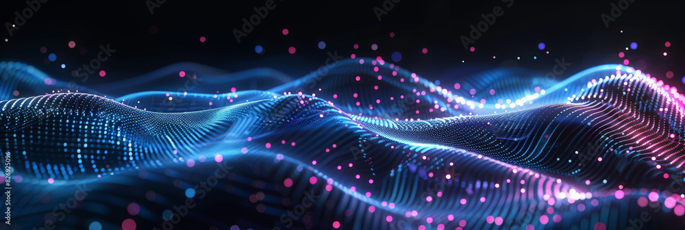Poster 3d dark purple blue neon lines wave dots representing digital binary data. concept for big data, dee