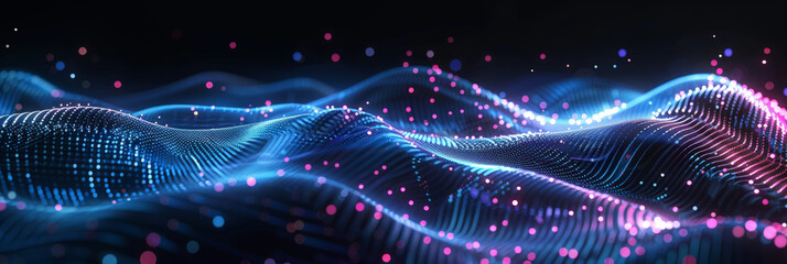3d dark purple  blue neon lines wave dots representing digital binary data. Concept for big data, deep machine learning, artificial intelligence, business technology ,futuristic. banner	
