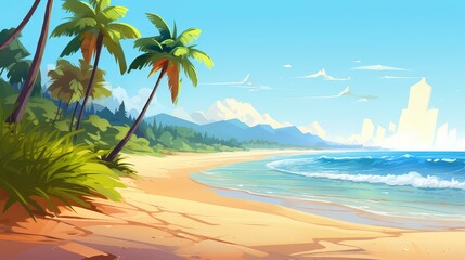 Fototapeta premium Vibrant chibistyle coastal art in digital painting, with vivid colors and stylized cartoony drawing.