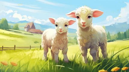 Colorful chibistyle farm illustration with vivid colors and stylized painting.