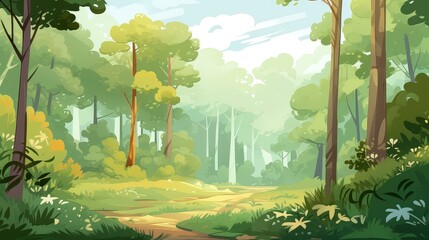 Whimsical forest scene in chibi style with cartoony drawing and vivid colors.