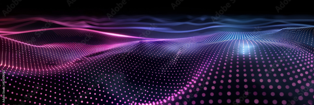Poster 3d dark purple blue neon lines wave dots representing digital binary data. concept for big data, dee