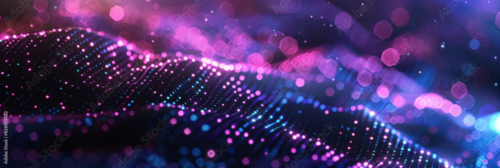 Poster 3d dark purple blue neon lines wave dots representing digital binary data. concept for big data, dee