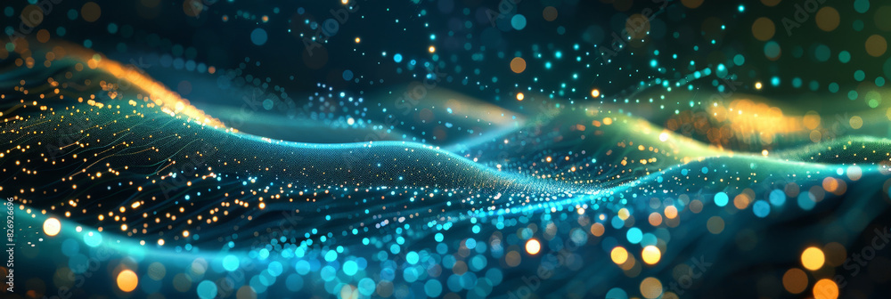 Poster 3d dark green blue neon lines wave dots representing digital binary data. concept for big data, deep
