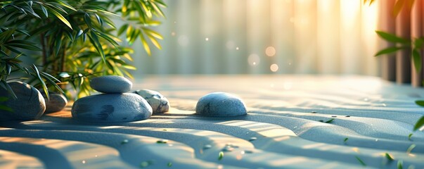 Tranquil zen garden with smooth stones on raked sand, surrounded by lush green plants, bathed in warm, calming sunlight.
