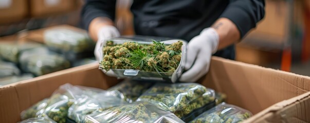 A customer receiving a delivery of cannabis accessories, with detailed, closeup shots
